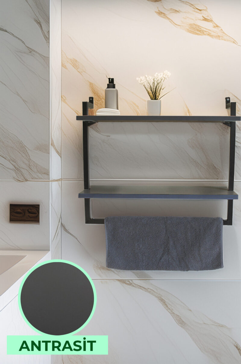 60x20 cm Banyo Rafı Duvara Monte Havluluk 2 Katlı Dekoratif Düzenleyici Organizer Siyah Metal