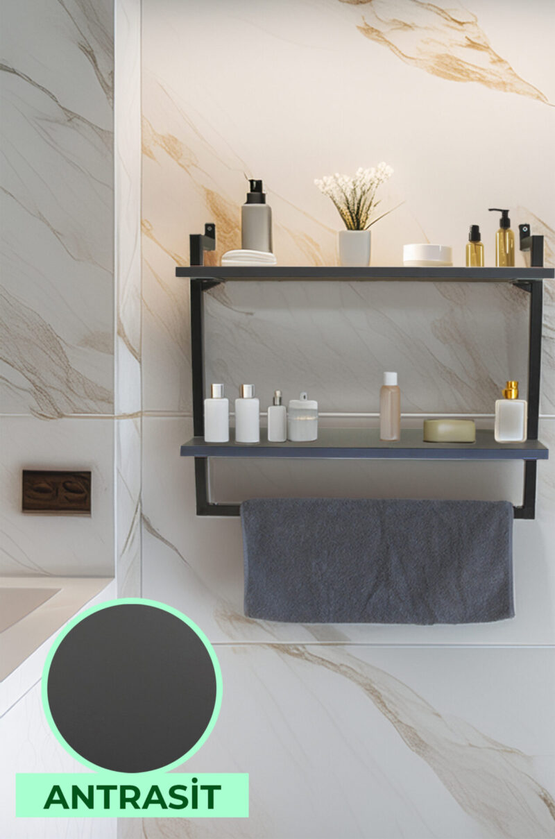 60x20 cm Banyo Rafı Duvara Monte Havluluk 2 Katlı Dekoratif Düzenleyici Organizer Siyah Metal