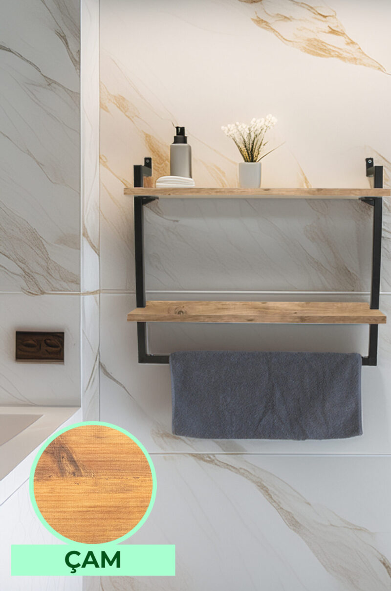 60x20 cm Banyo Rafı Duvara Monte Havluluk 2 Katlı Dekoratif Düzenleyici Organizer Siyah Metal