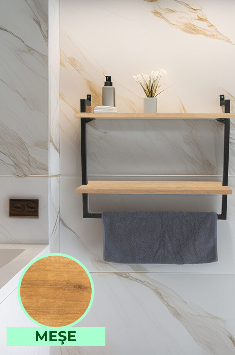 60x20 cm Banyo Rafı Duvara Monte Havluluk 2 Katlı Dekoratif Düzenleyici Organizer Siyah Metal