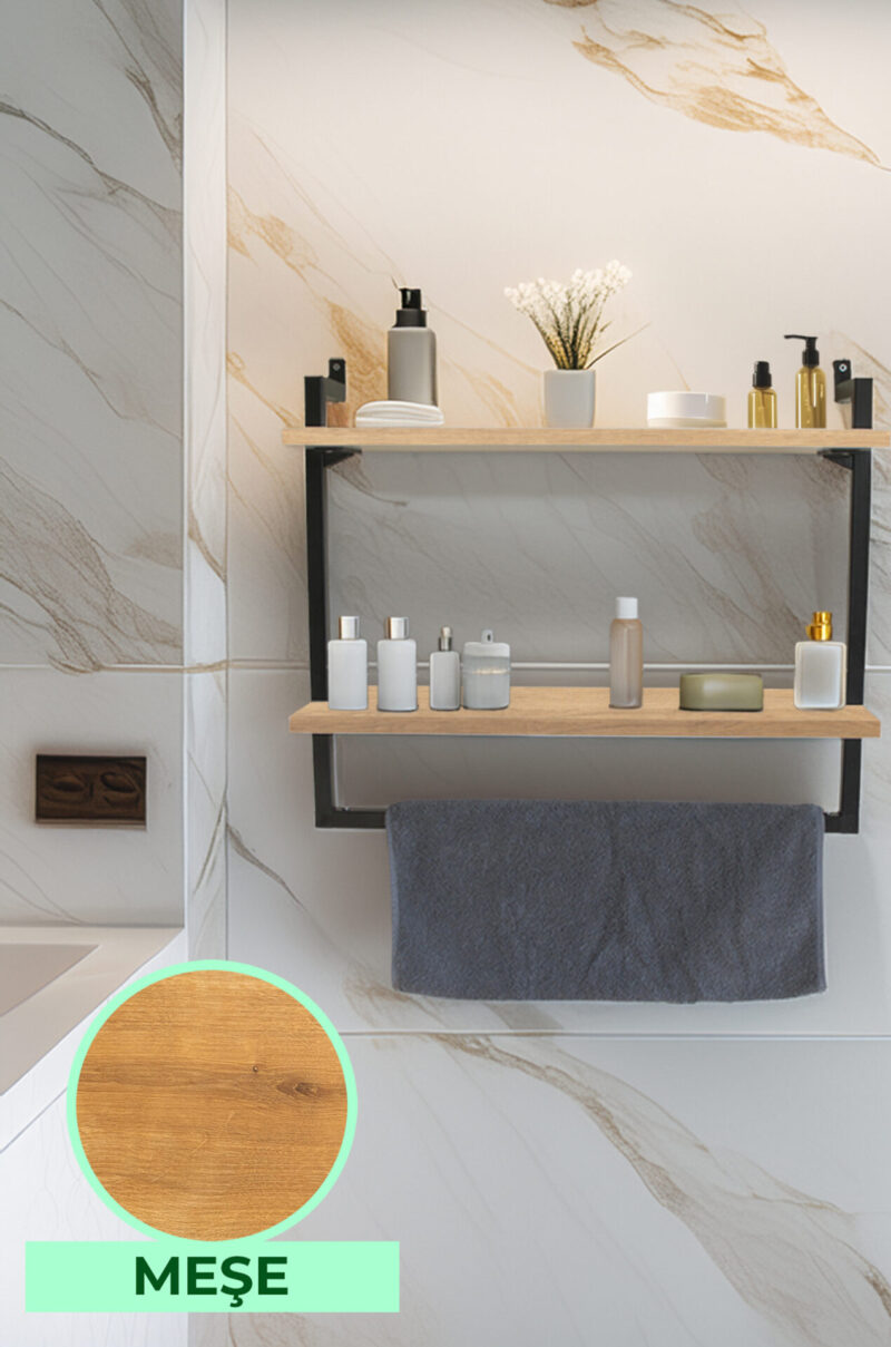 60x20 cm Banyo Rafı Duvara Monte Havluluk 2 Katlı Dekoratif Düzenleyici Organizer Siyah Metal
