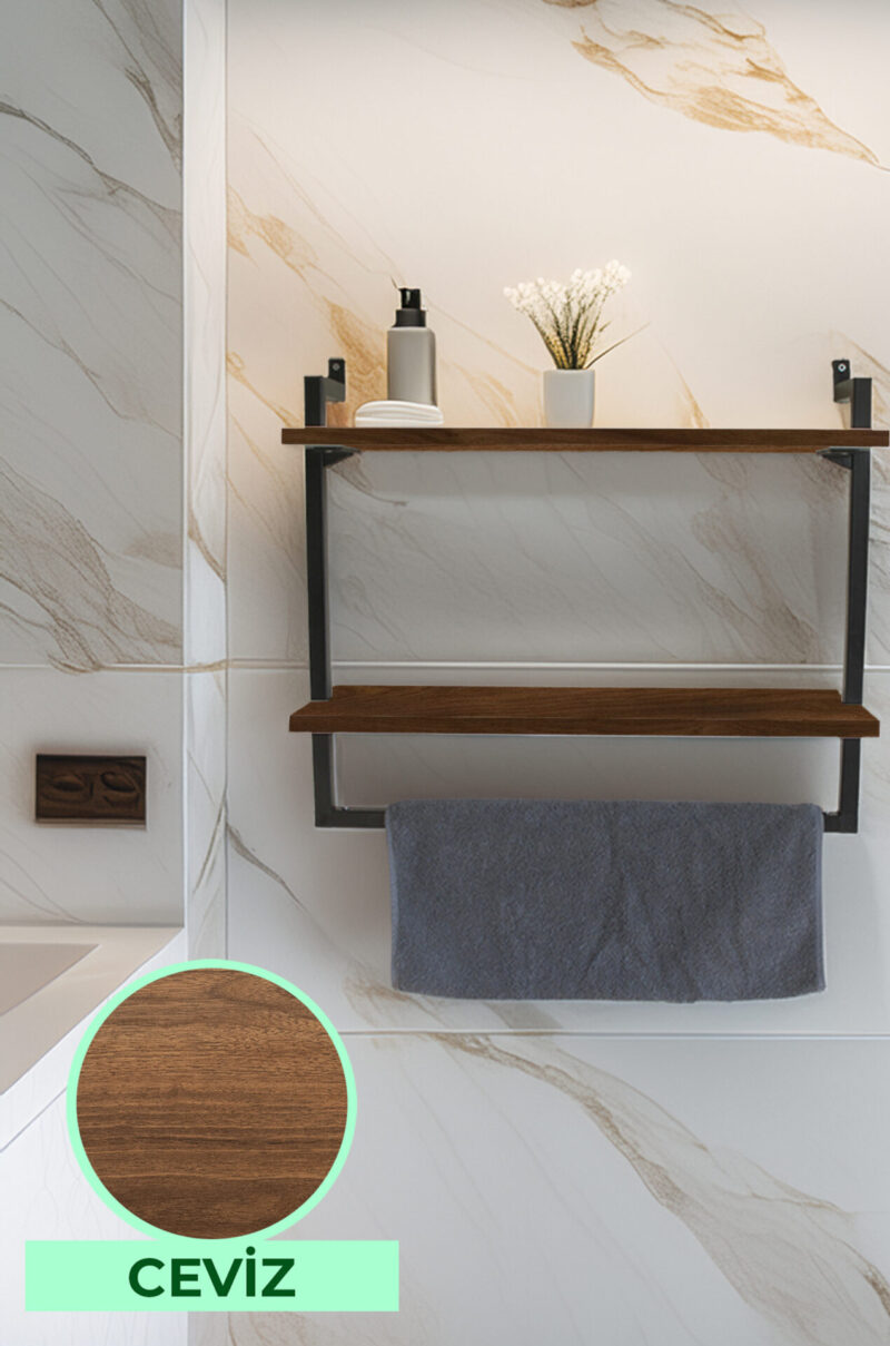 60x20 cm Banyo Rafı Duvara Monte Havluluk 2 Katlı Dekoratif Düzenleyici Organizer Siyah Metal