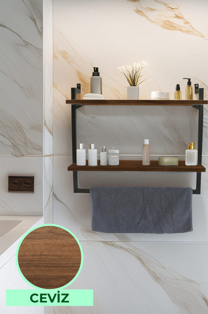 60x20 cm Banyo Rafı Duvara Monte Havluluk 2 Katlı Dekoratif Düzenleyici Organizer Siyah Metal