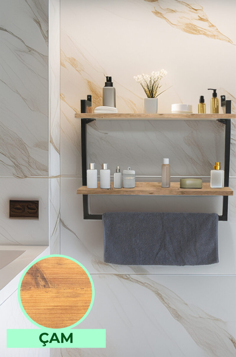 60x20 cm Banyo Rafı Duvara Monte Havluluk 2 Katlı Dekoratif Düzenleyici Organizer Siyah Metal