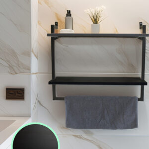 60x20 cm Banyo Rafı Duvara Monte Havluluk 2 Katlı Dekoratif Düzenleyici Organizer Siyah Metal