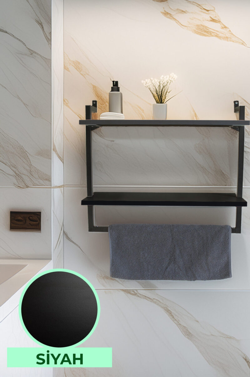 60x20 cm Banyo Rafı Duvara Monte Havluluk 2 Katlı Dekoratif Düzenleyici Organizer Siyah Metal