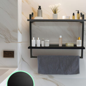 60x20 cm Banyo Rafı Duvara Monte Havluluk 2 Katlı Dekoratif Düzenleyici Organizer Siyah Metal