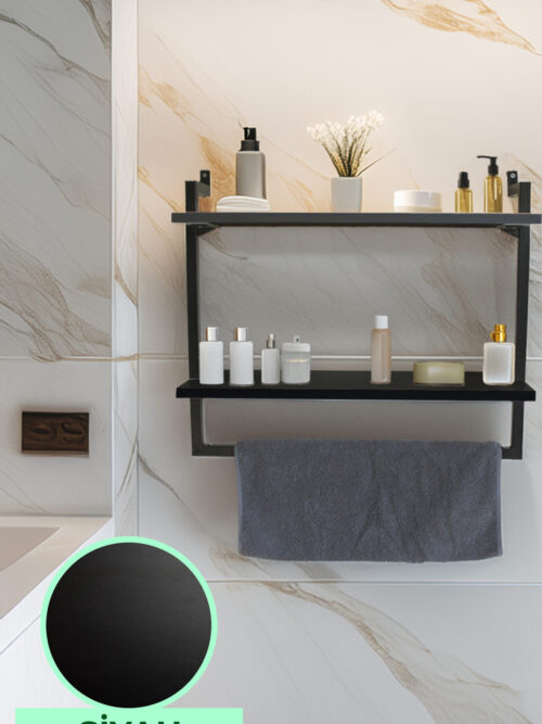 60x20 cm Banyo Rafı Duvara Monte Havluluk 2 Katlı Dekoratif Düzenleyici Organizer Siyah Metal