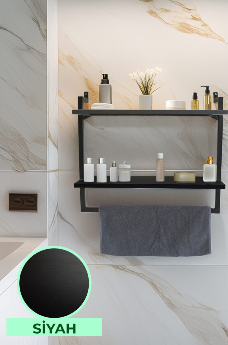 60x20 cm Banyo Rafı Duvara Monte Havluluk 2 Katlı Dekoratif Düzenleyici Organizer Siyah Metal