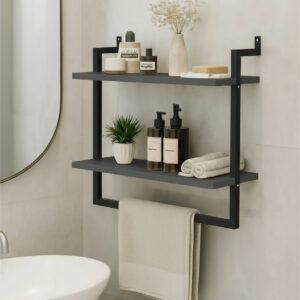 EuroMob 40x20 cm Banyo Rafı, Duvara Monte Havluluk, 2 Katlı Dekoratif Düzenleyici Organizer, Siyah Metal