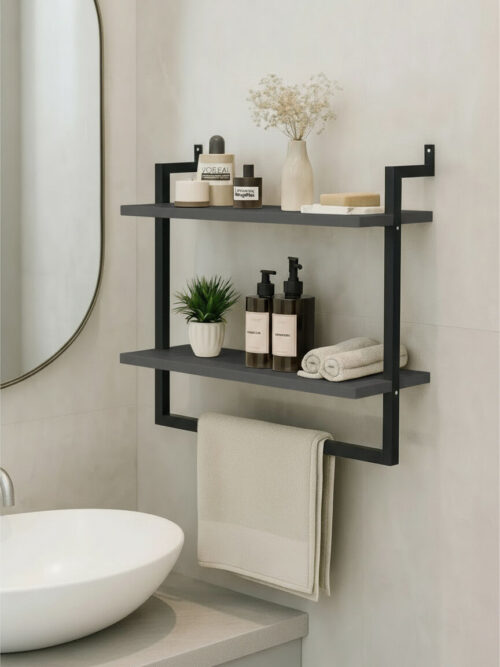 EuroMob 40x20 cm Banyo Rafı, Duvara Monte Havluluk, 2 Katlı Dekoratif Düzenleyici Organizer, Siyah Metal