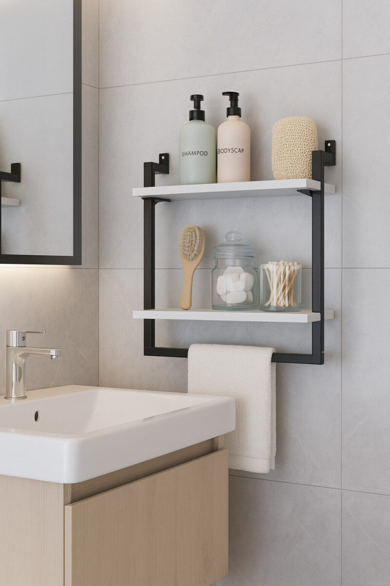 EuroMob 40x20 cm Banyo Rafı, Duvara Monte Havluluk, 2 Katlı Dekoratif Düzenleyici Organizer, Siyah Metal